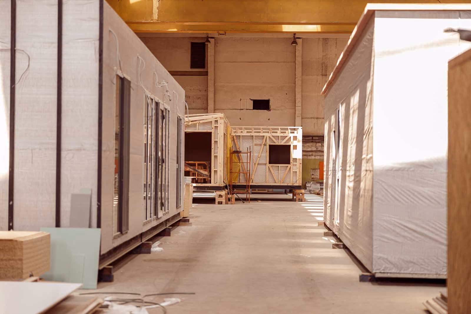 Modular units staged in a factory