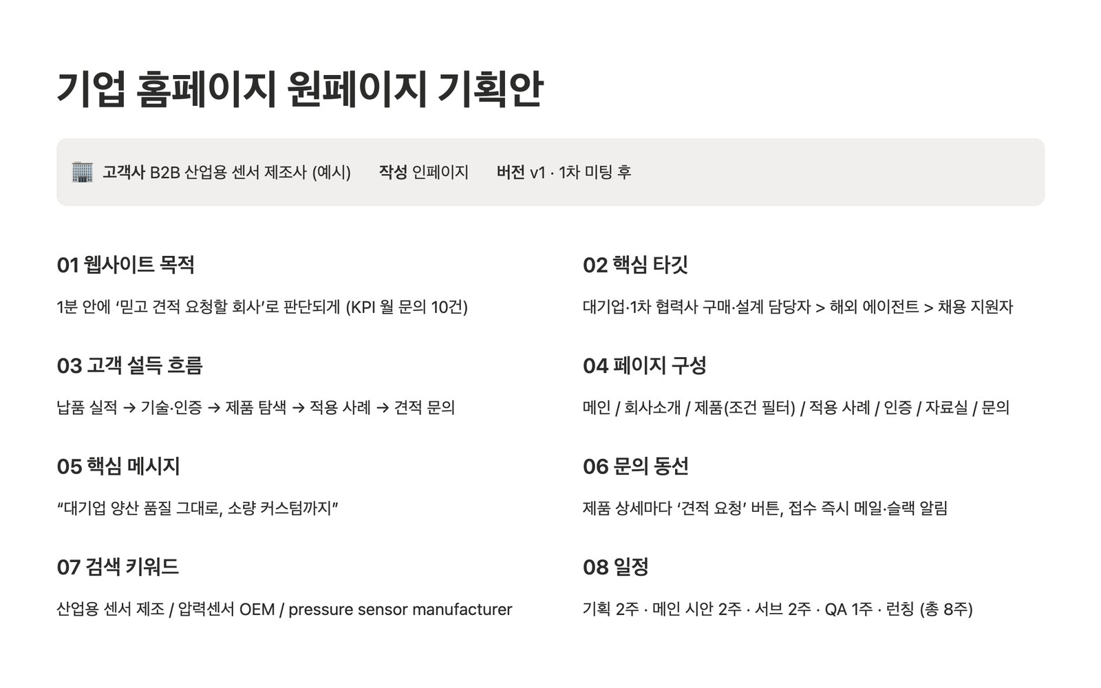 노션으로 작성한 기업 홈페이지 원페이지 기획안: 웹사이트 목적, 핵심 타깃, 고객 설득 흐름, 페이지 구성 등 8개 항목