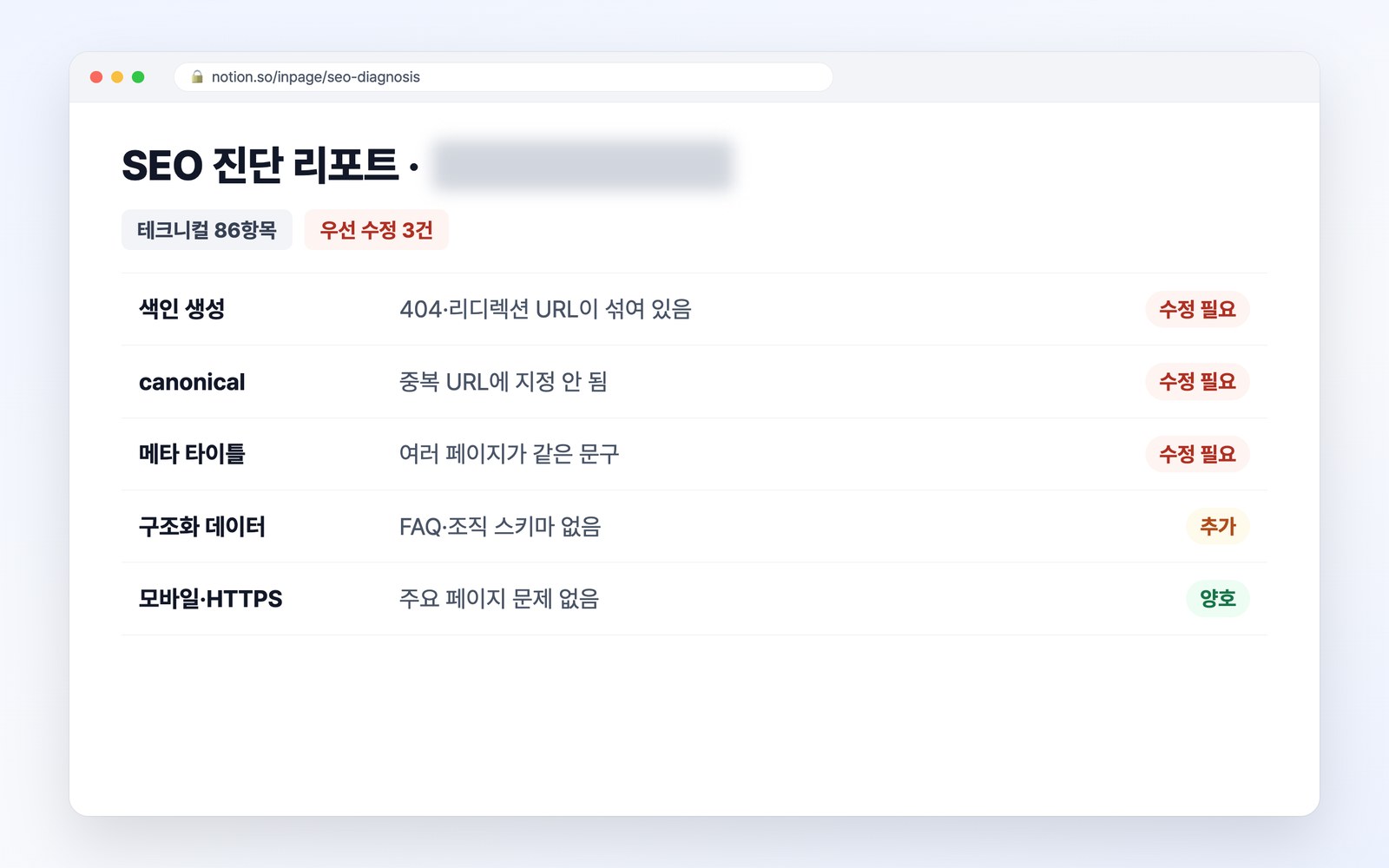 테크니컬 86항목 기준 SEO 진단 리포트 예시
