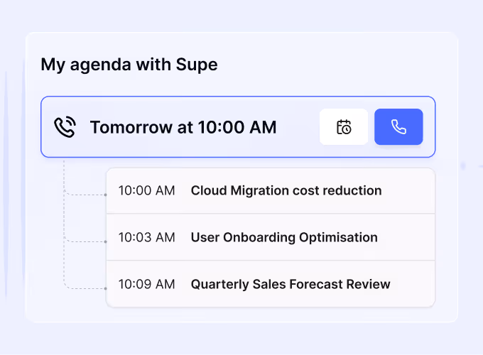 Agenda titled 'My agenda with Supe' showing a phone call scheduled for tomorrow at 10:00 AM with three discussion points: Cloud Migration cost reduction at 10:00 AM, User Onboarding Optimisation at 10:03 AM, and Quarterly Sales Forecast Review at 10:09 AM.