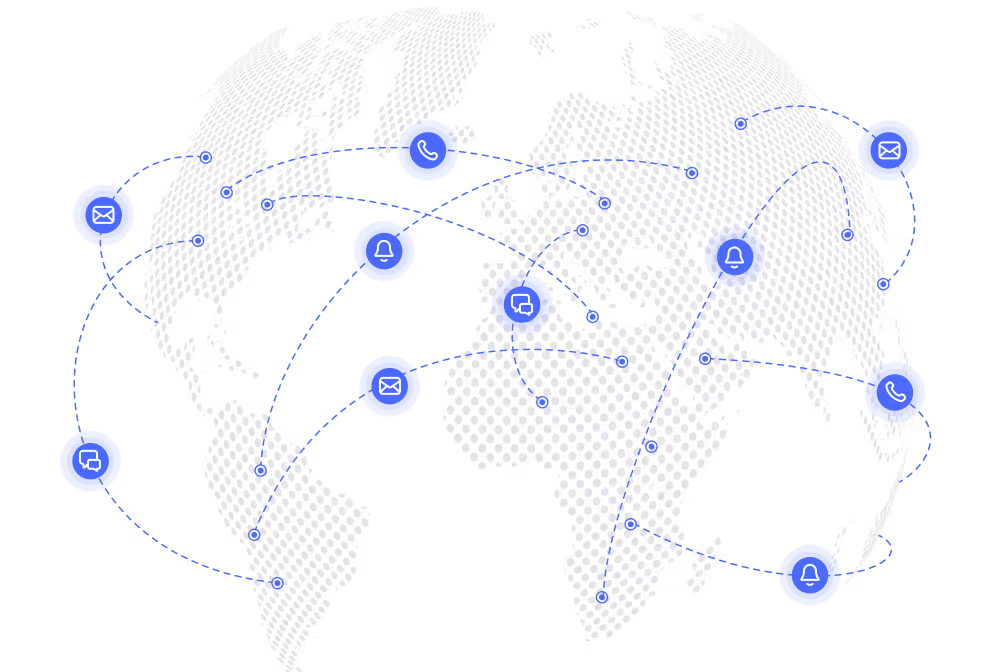 Digital globe composed of white hexagons with connecting blue communication icons representing email, phone, notification, and chat across continents.