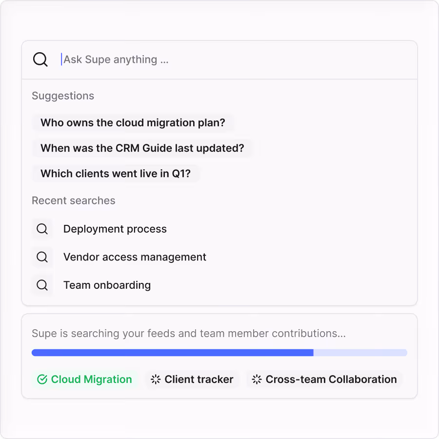 Search interface showing suggestions: cloud migration ownership, CRM Guide update, and client live status in Q1, with recent searches and a progress bar for team contributions.