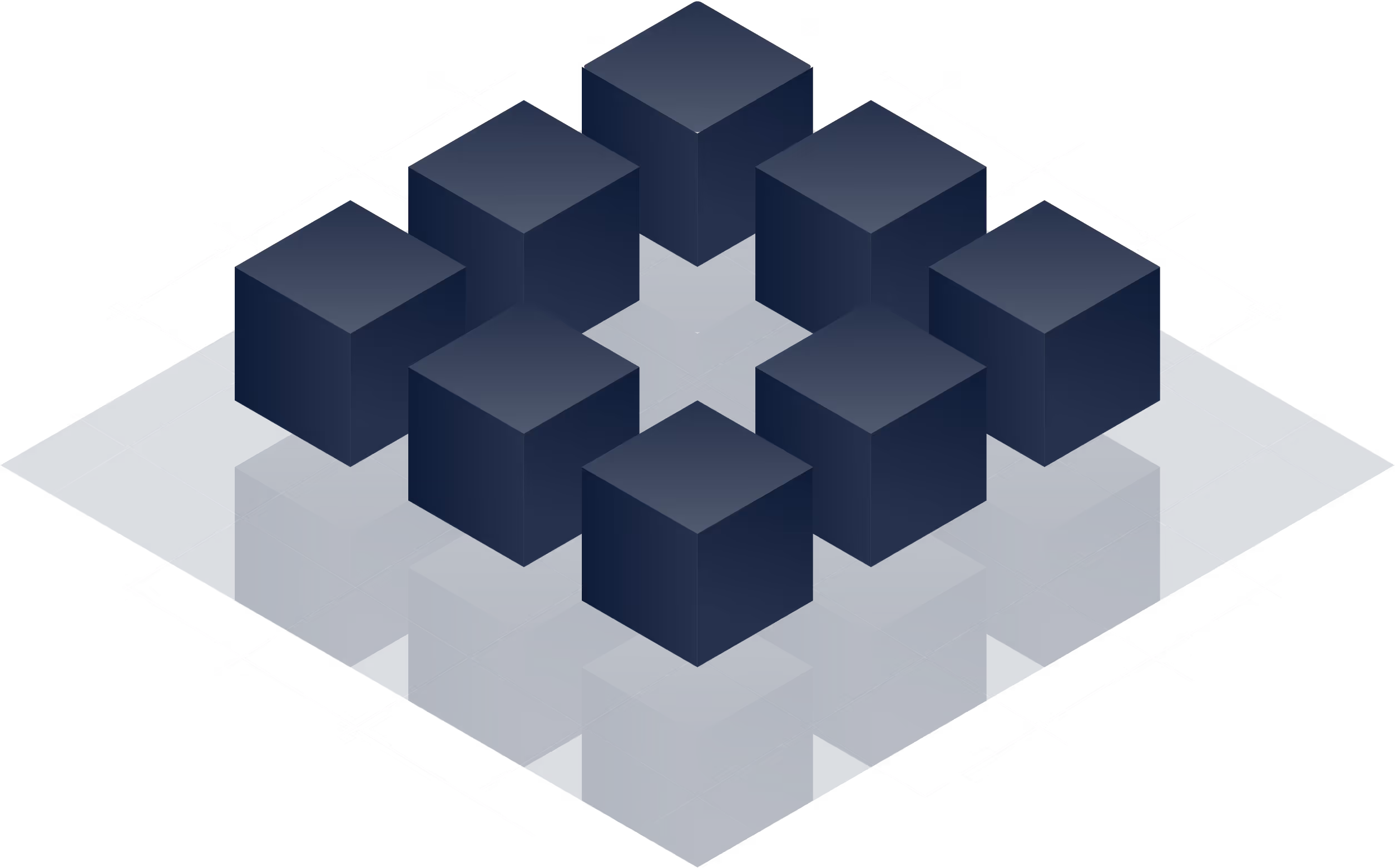 Isometric arrangement of eight dark blue cubes on a grid with shadows.