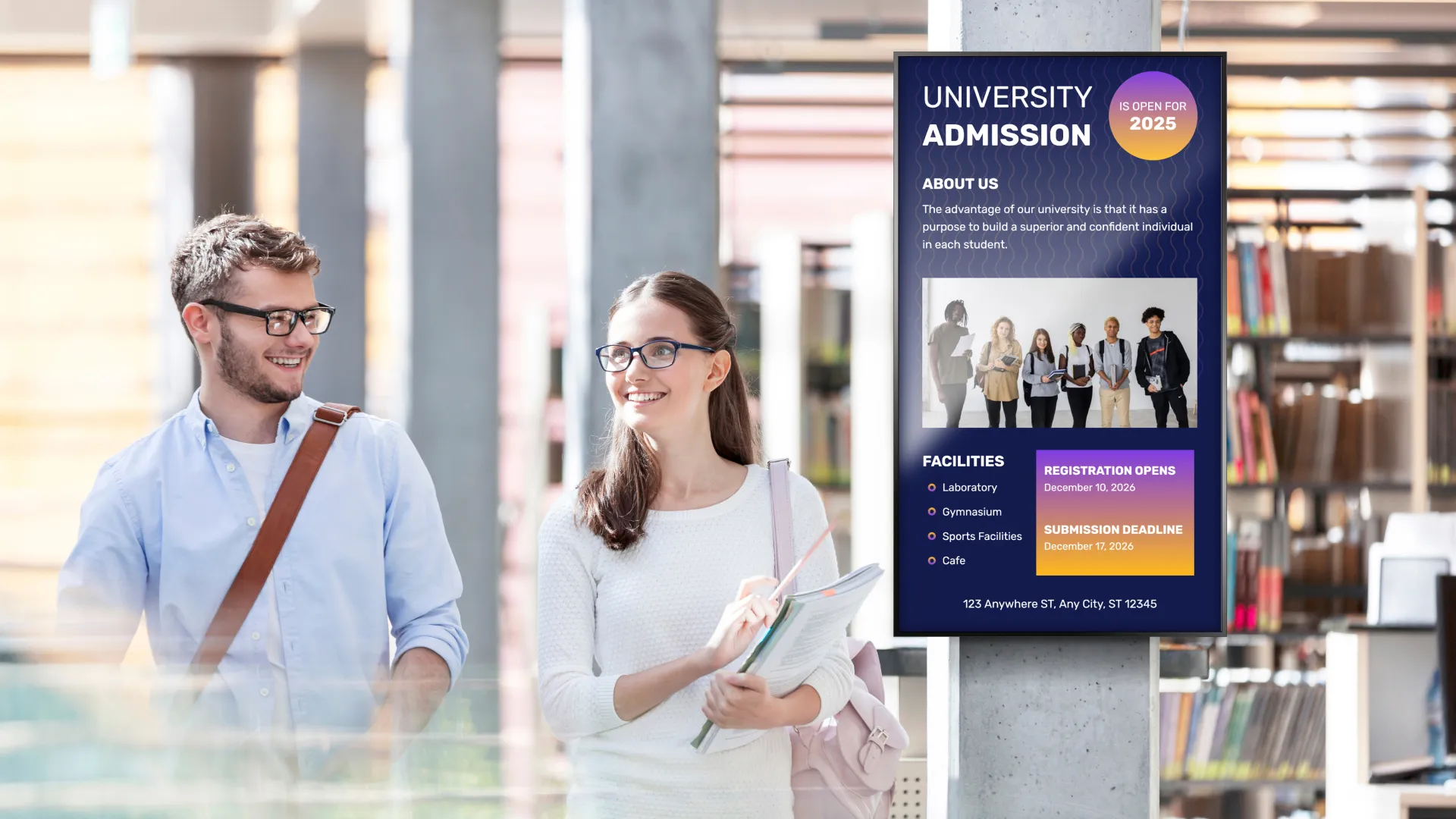 Two students walking by an announcement board.