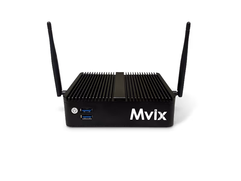 Black rectangular compact media player with two antennas, two blue USB ports, a power button, and the Mvix logo on the front.