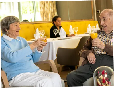 Couple de senior qui trinque avec un verre de jus d'orange