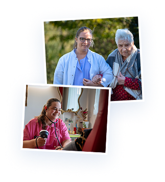 Photo d'une soignante aidant une personne âgée à se promener et d'une infirmière prenant une prise de sang