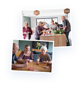 Photos de 6 seniors vivant en communauté et partageant un repas dans un habitat partagé