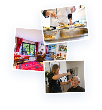 Photos d'établissements avec un chef cuisinier préparant des repas maison et une coiffeuse se déplaçant sur place.