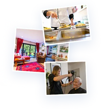 Photos d'établissements avec un chef cuisinier préparant des repas maison et une coiffeuse se déplaçant sur place.