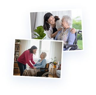 Personnes âgées en fauteuil roulant profitant d'une aide à domicile