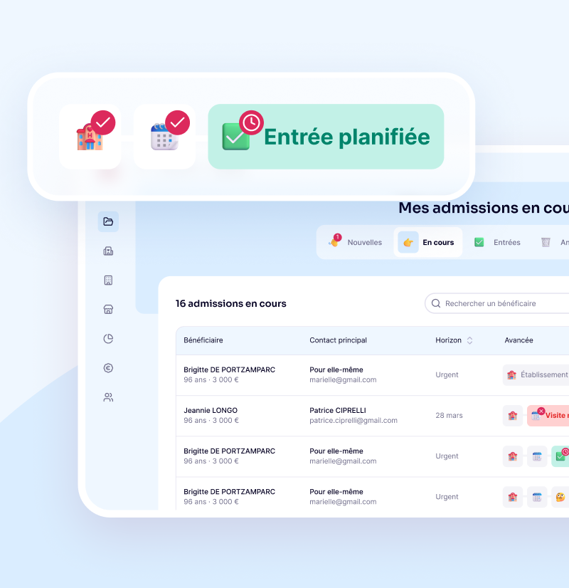 Liste des admissions en cours dans Zenior Pro, avec statut Entrée planifiée