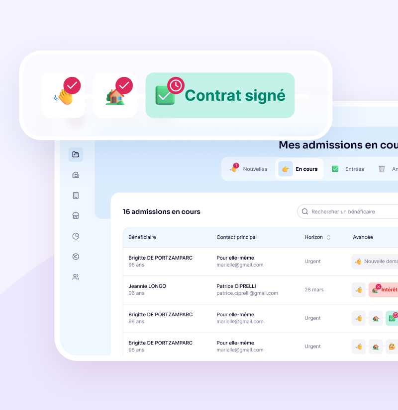 Liste des admissions en cours dans Zenior Pro, avec statut Entrée planifiée