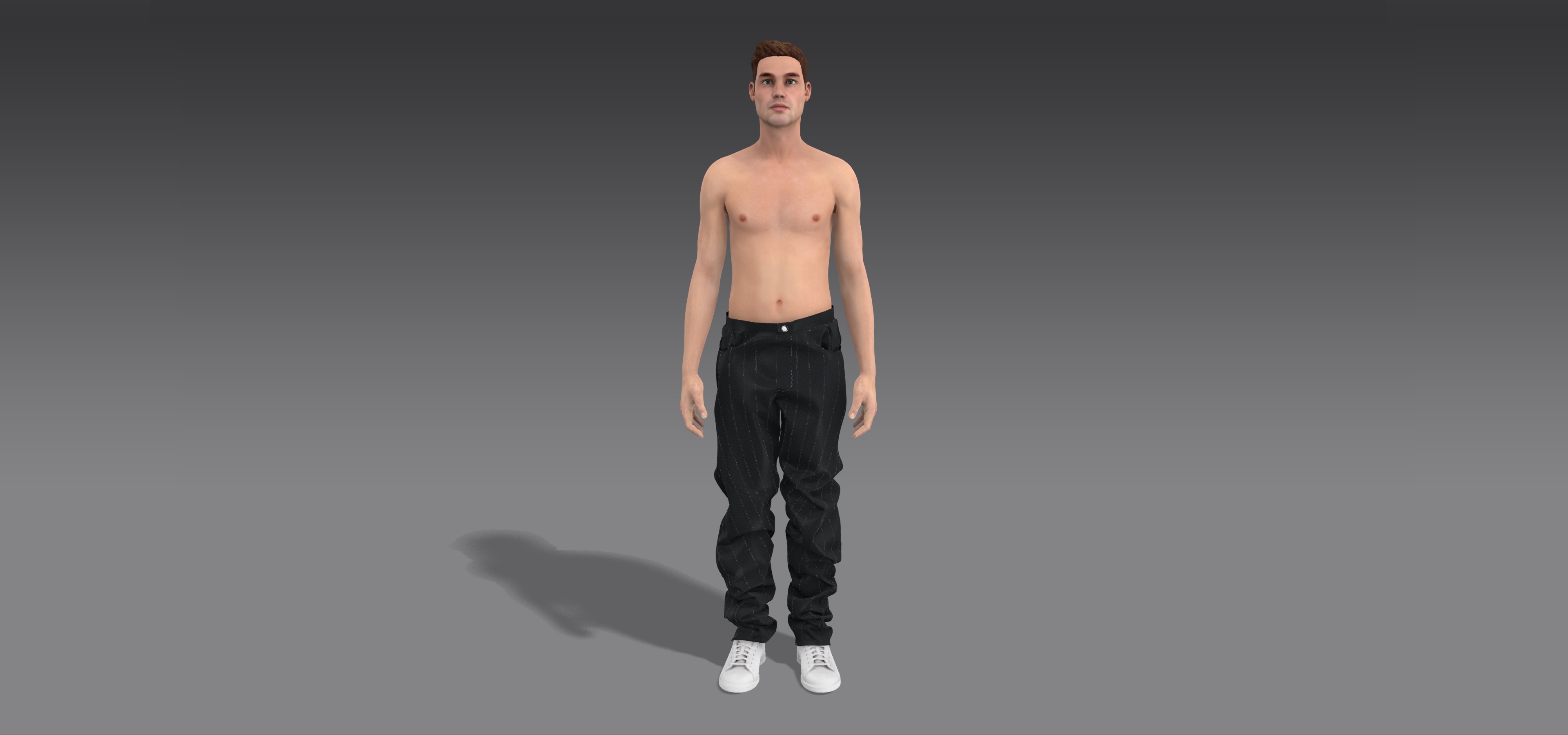 frontal view of mugler jeans on character model