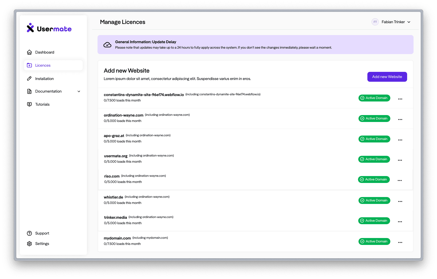 Manage Licences Dashboard