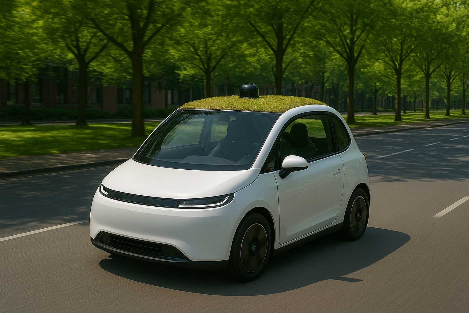 A white Hydrogen Fuel Cell (FCEV) small vehicle with a sedum green roof