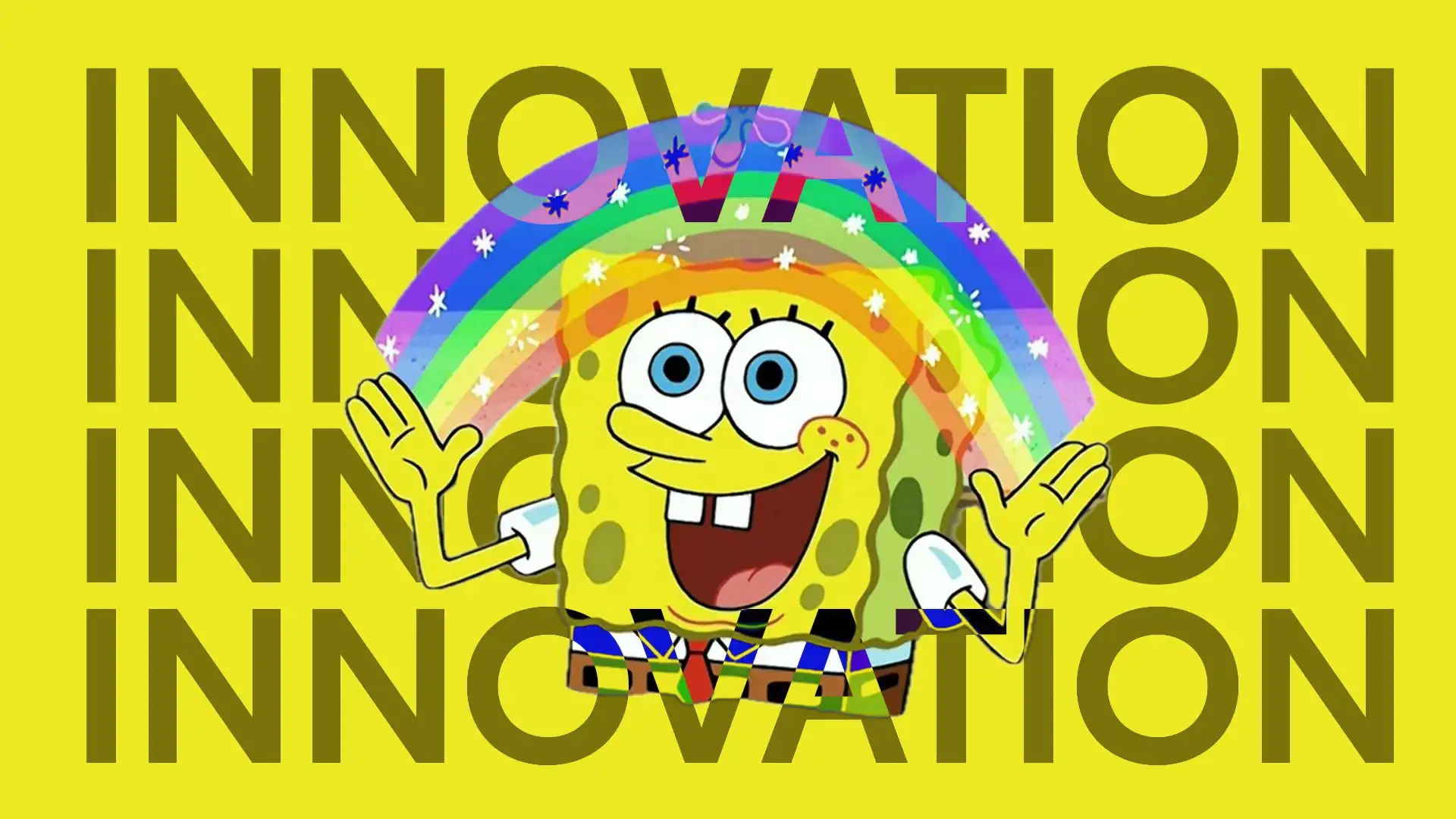 Spongebob Squarepants with a rainbow over his head and multiple words "Innovation" in the background
