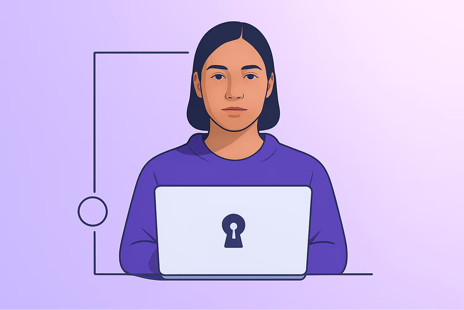 An illustration of a person with a laptop in a gradient purple and white background.