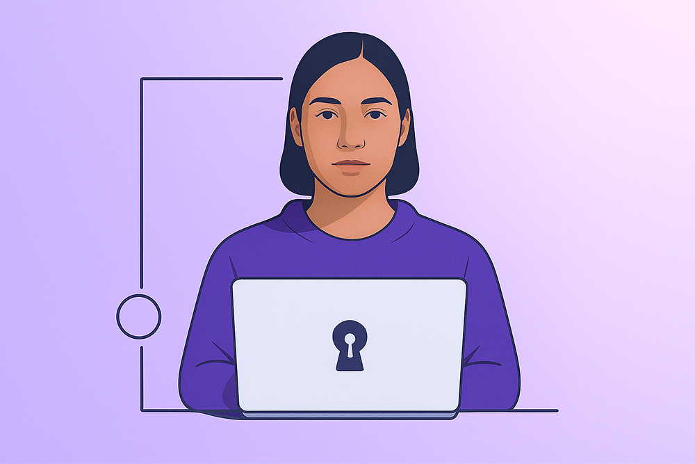 An illustration of a person with a laptop in a gradient purple and white background.
