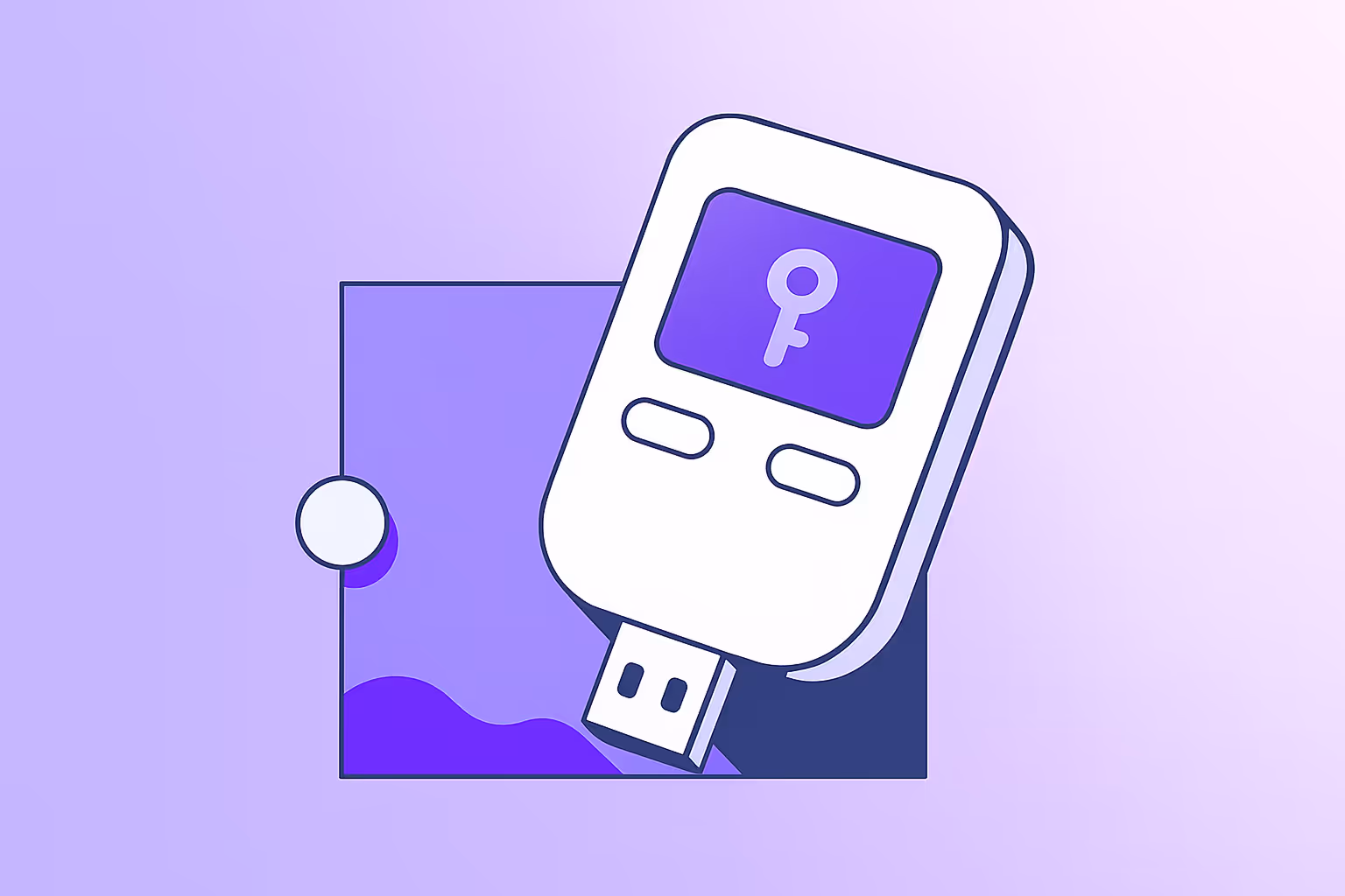 An illustration of a crypto wallet in a gradient purple background.