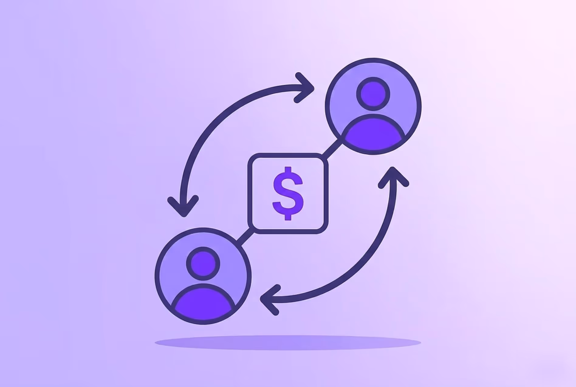 A purple flat-style vector illustration showing a financial transaction between two user icons, a visual example from a Guide to Customer Due Diligence.