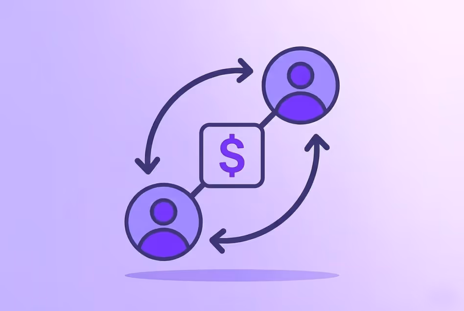 A purple flat-style vector illustration showing a financial transaction between two user icons, a visual example from a Guide to Customer Due Diligence.