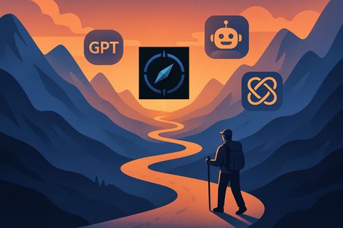 A hiker navigating a trail through the mountains; PromptNavigator logo guiding the hiker among the AI tools in the mountains.