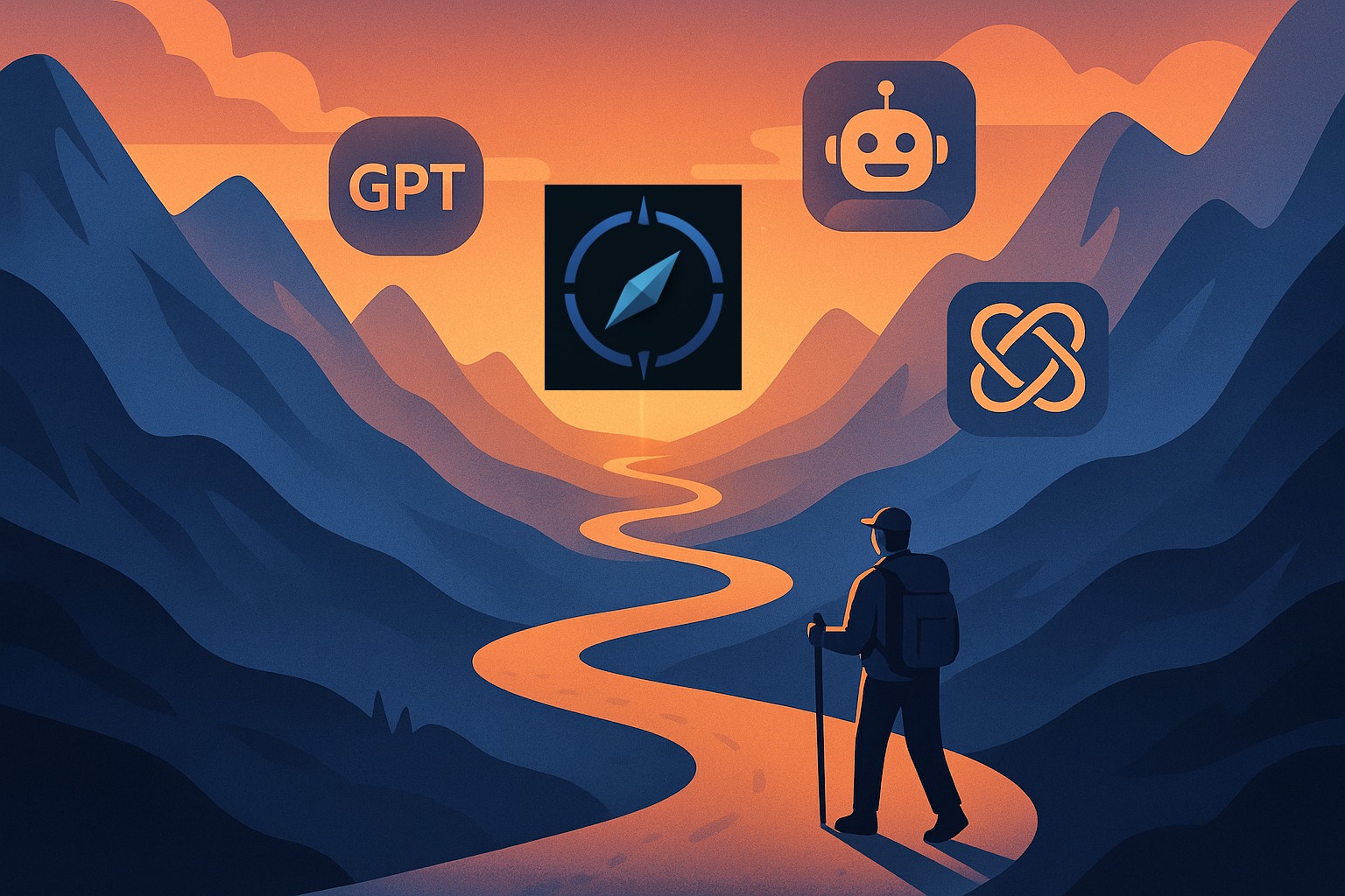 A hiker navigating a trail through the mountains; PromptNavigator logo guiding the hiker among the AI tools in the mountains.