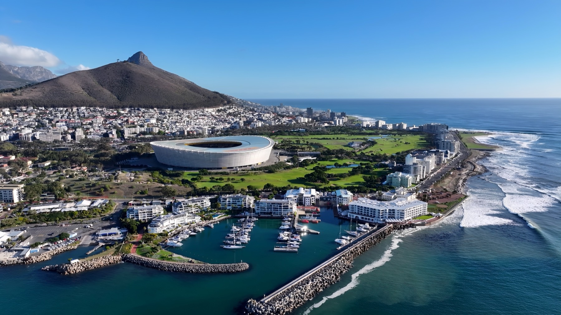 Aerial view of Cape Town's Atlantic seaboard, with Lion's Head above the city