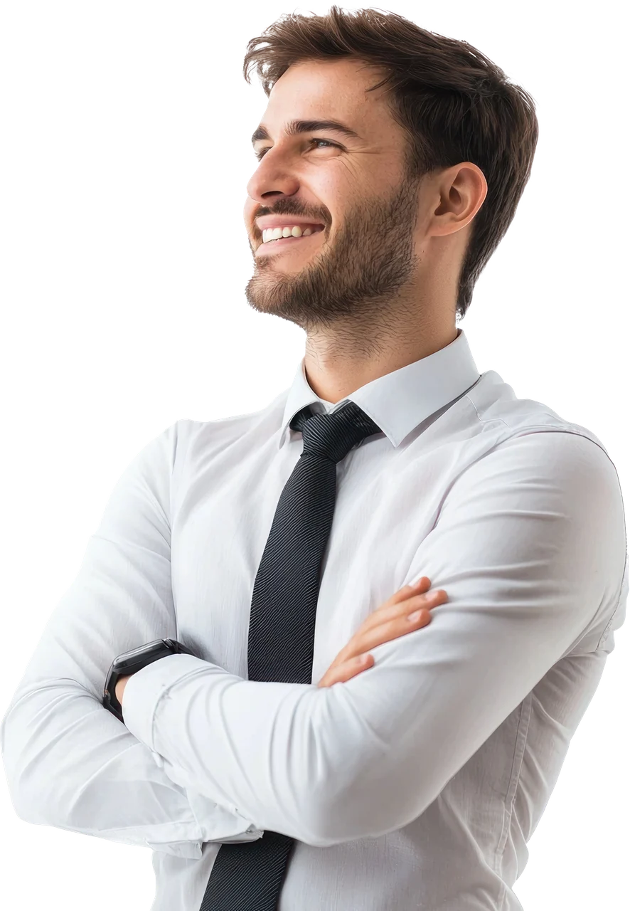 A smiling sales professional with arms crossed