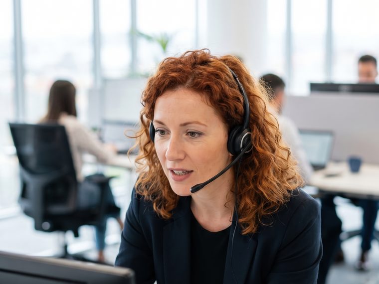 An SDR on a headset call in a bright open-plan office