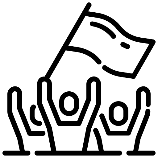 Two black and white silhouettes of mixed breed dogs, one sitting and one standing to the right.