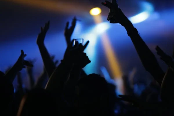 Silhouetted crowd raises hands and a drink toward blue stage lights