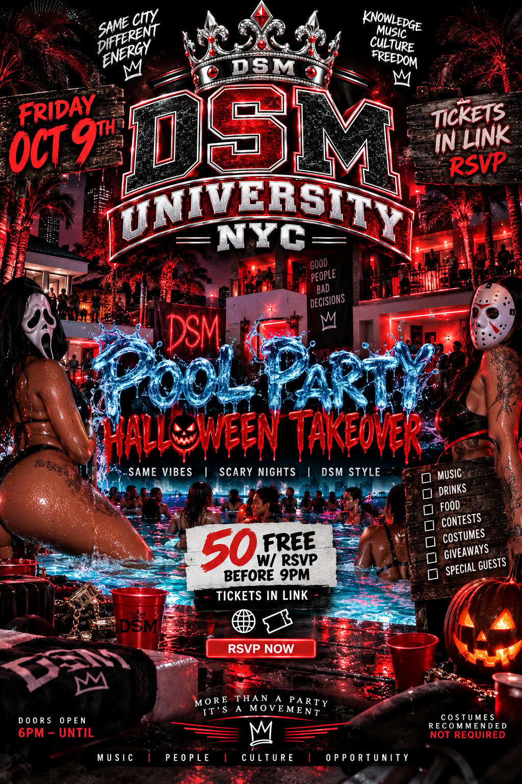 🎃 DSM UNIVERSITY NYC — POOL PARTY: HALLOWEEN TAKEOVER 👻💦 event flyer