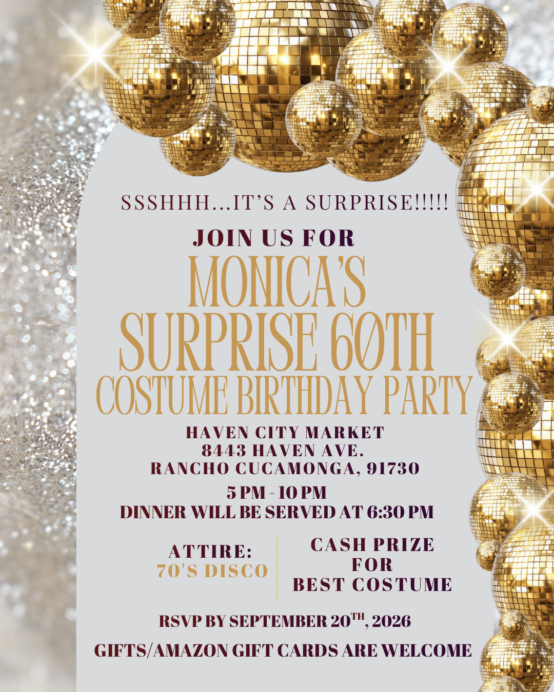 Monica’s SURPRISE 60th Costume Birthday Party event flyer