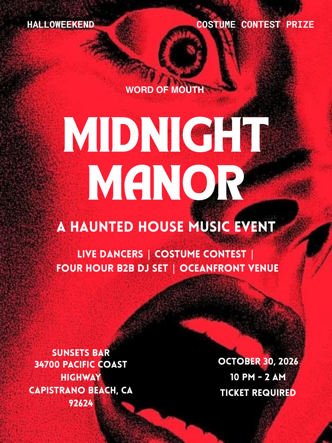 MIDNIGHT MANOR (A HAUNTED HOUSE MUSIC EVENT) event flyer