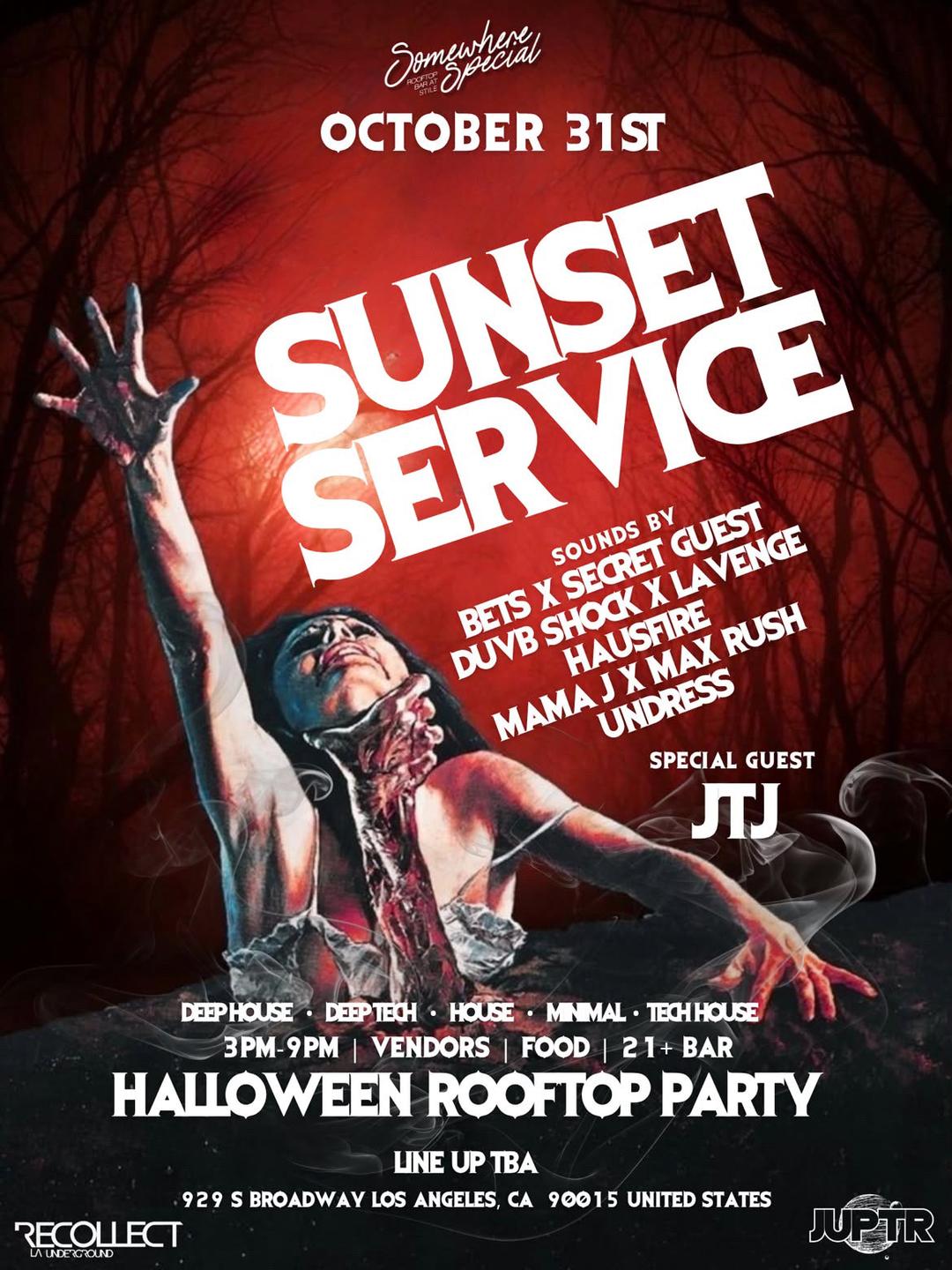 SUNSET SERVICE HALLOWEEN ROOFTOP PARTY event flyer