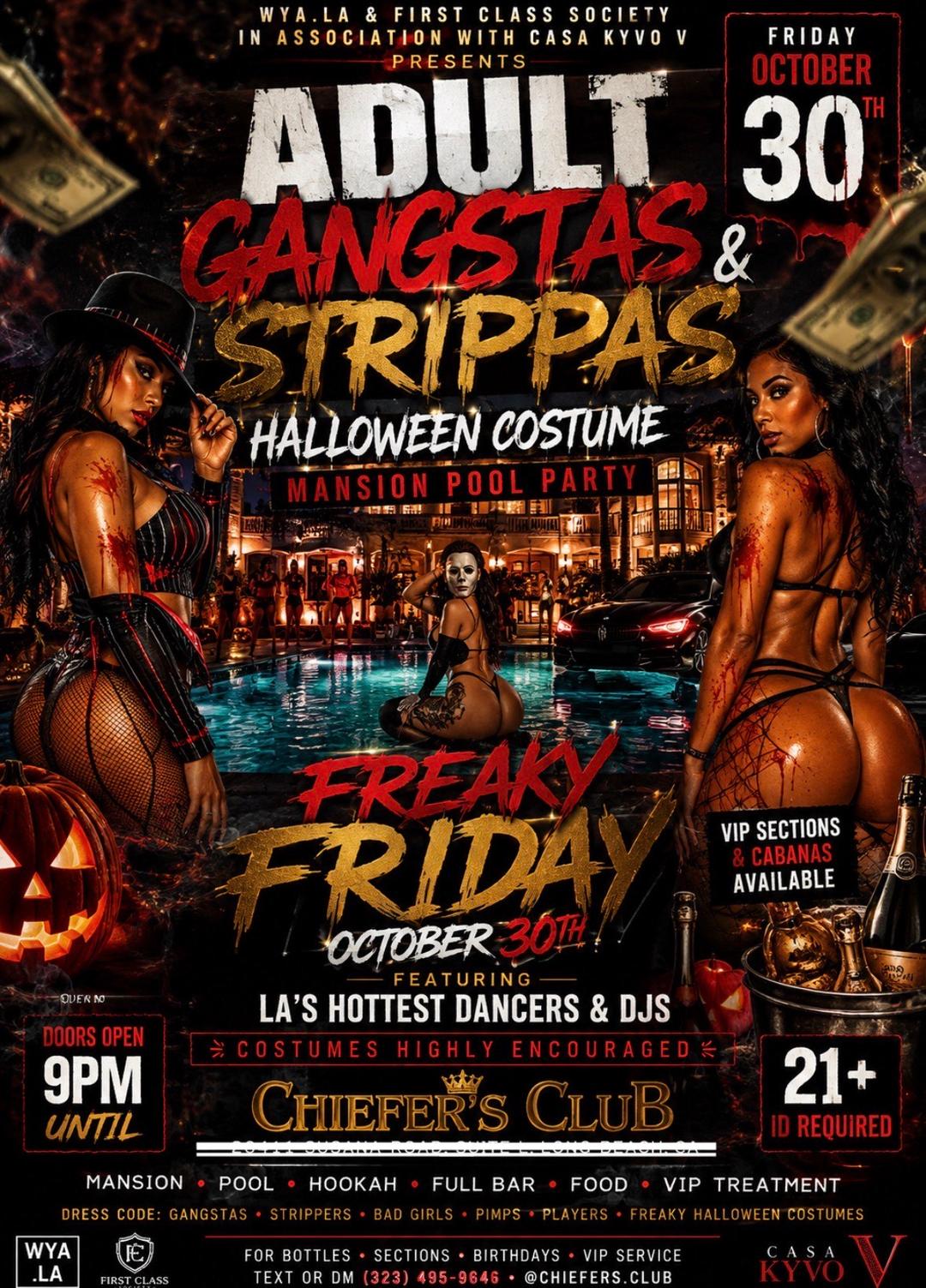 Gangstas & Strippas Halloween Mansion Party event flyer