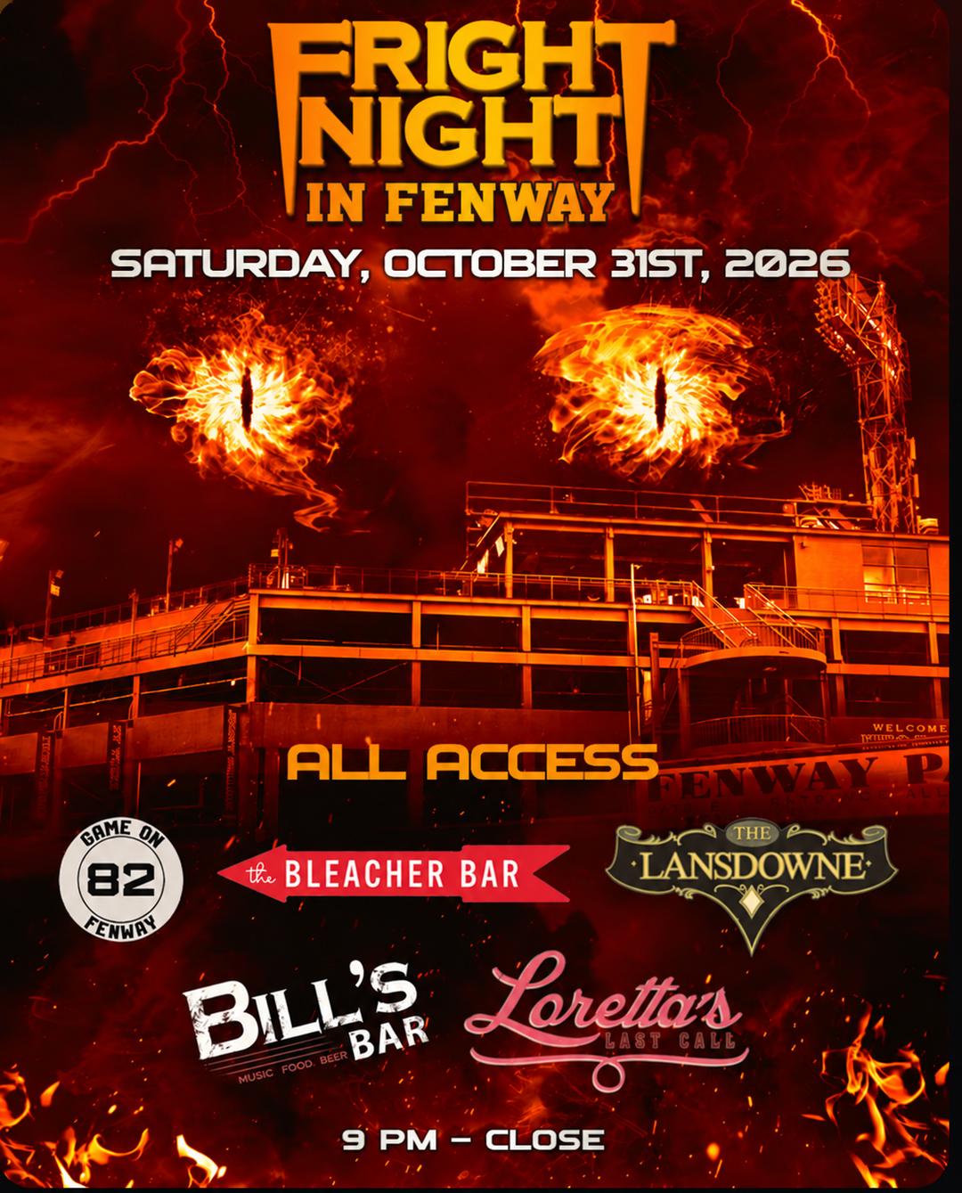 FRIGHT NIGHT IN FENWAY - ALL ACCESS BAR PASS 10/31 event flyer