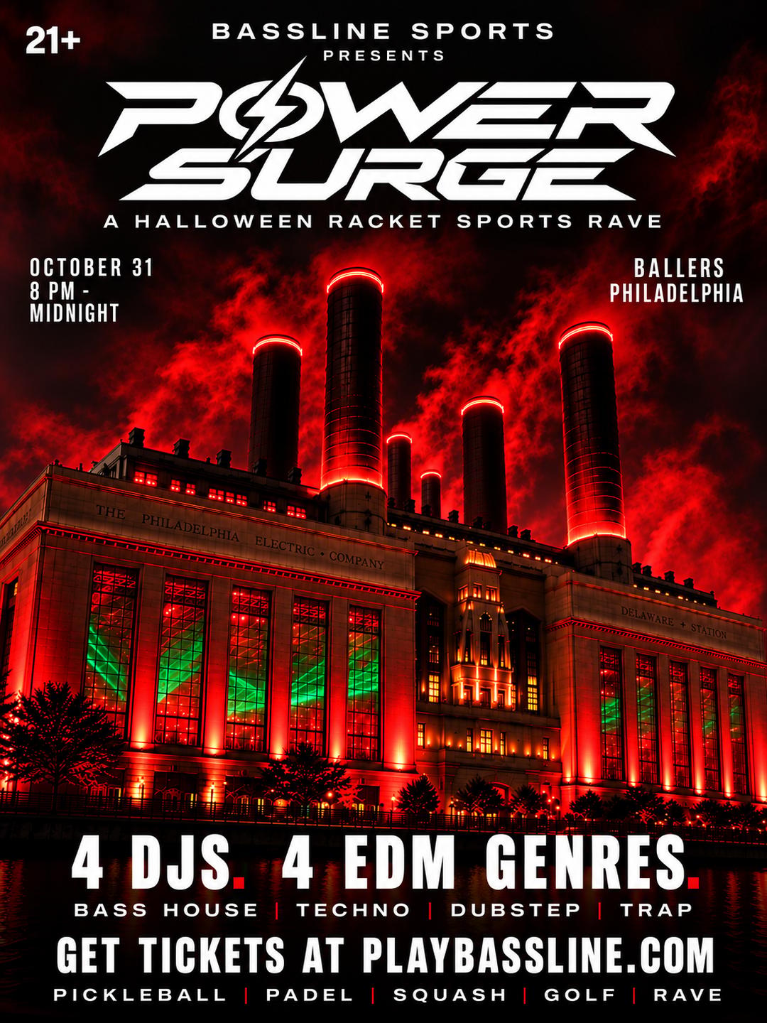BASSLINE SPORTS PRESENTS: POWER SURGE - a Halloween Racket Sports Rave @ BALLERS PHILLY event flyer