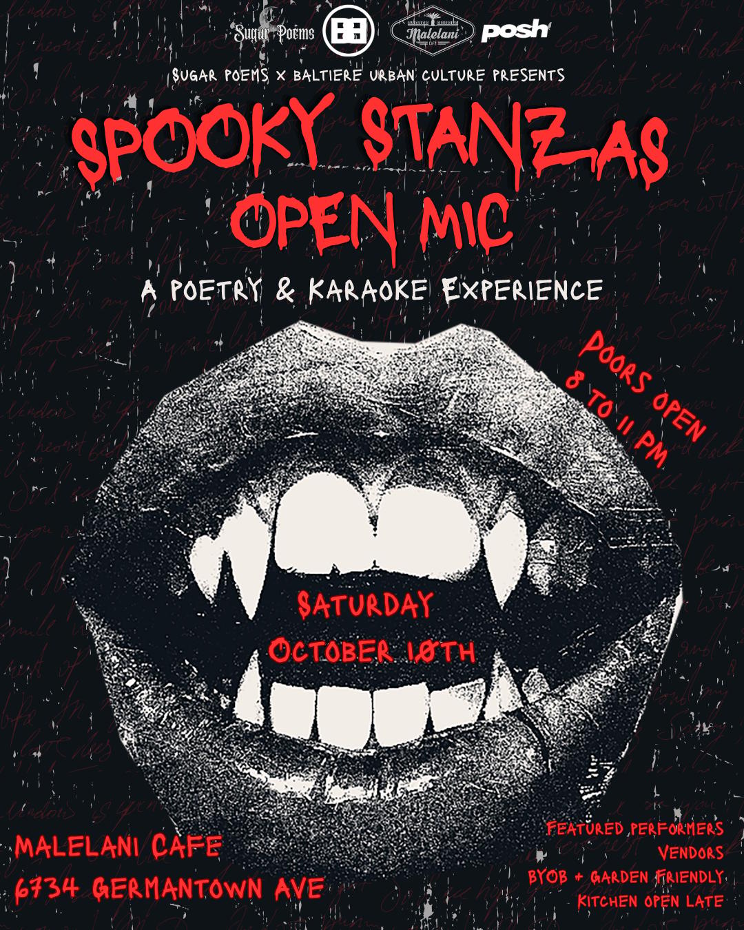Spooky Stanzas Open Mic 🩸 event flyer