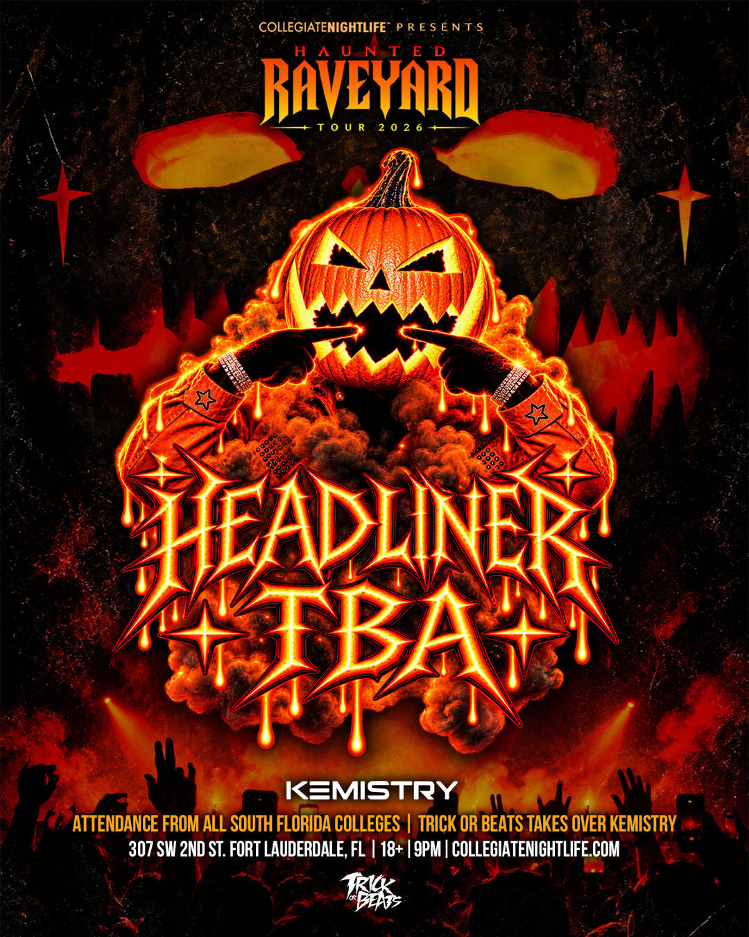 HAUNTED RAVEYARD TOUR: TRICK OR BEATS 2026 @ KEMISTRY 10/29 event flyer