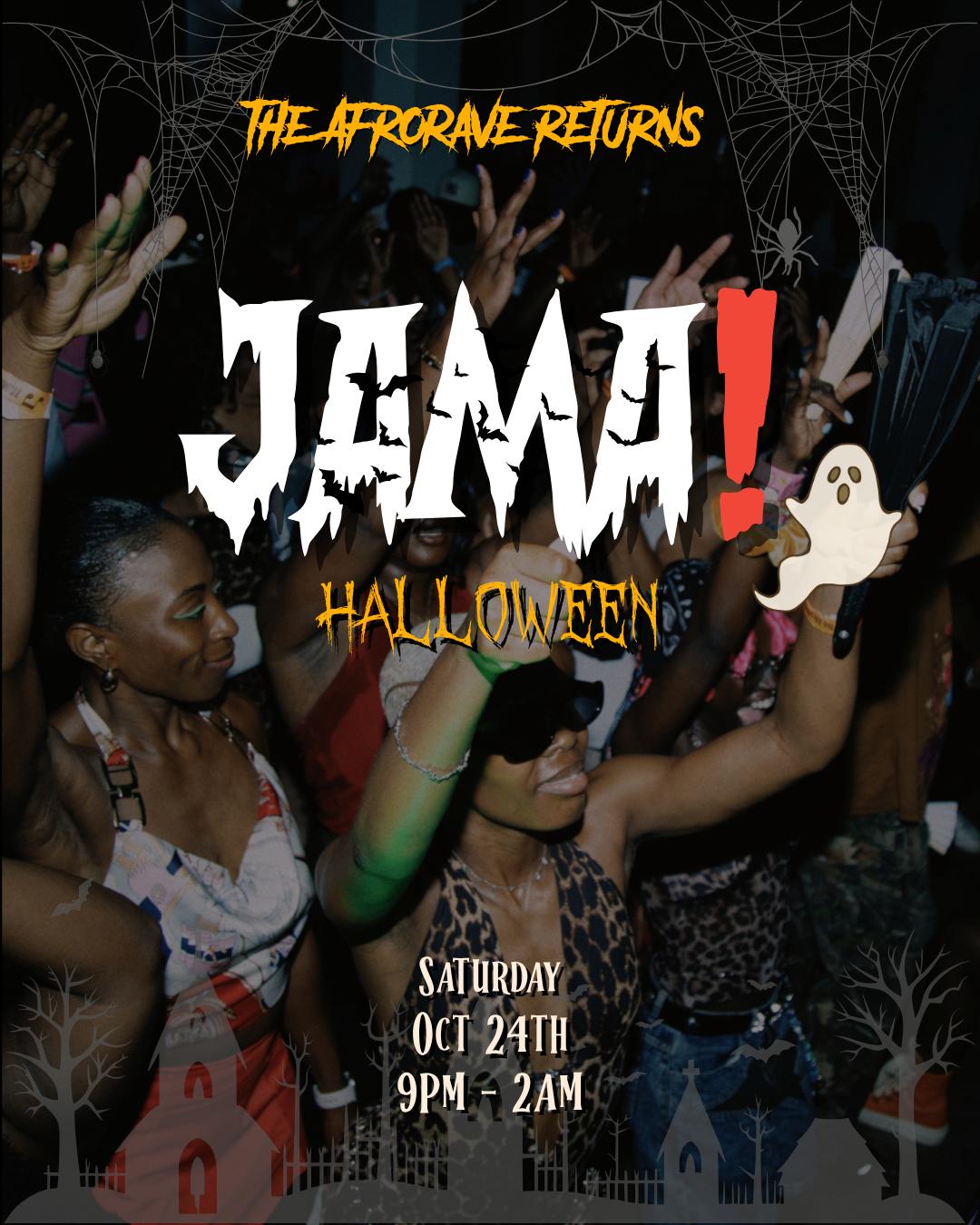 JAMA! AfroRave Halloween 🎃🦇 event flyer