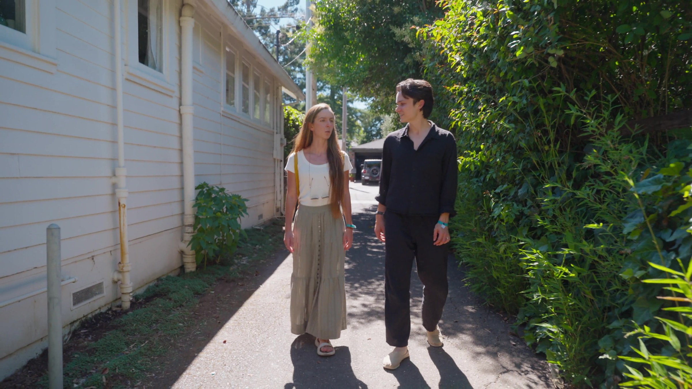 Two residents walking a Healdsburg side street