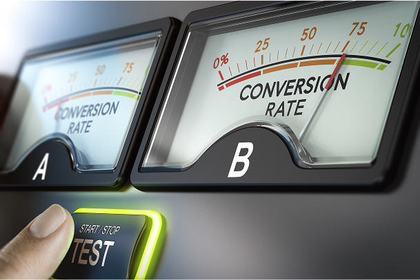 A/B test conversion rate meters, with version B showing a higher percentage, and a finger pressing a glowing test start/stop button
