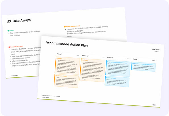 UX report slides showing user experience takeaways and a multi-phase recommended action plan
