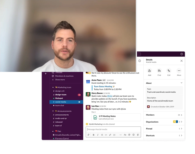Split screen showing a man on a video call alongside an active Slack workspace with project management details and team communication