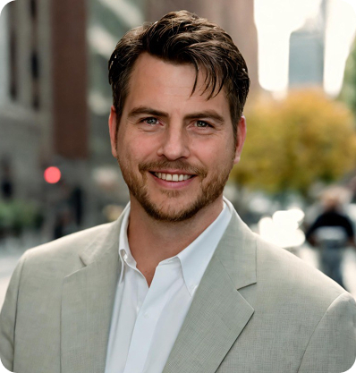 Smiling man in a light gray blazer and white shirt standing outdoors on a city street