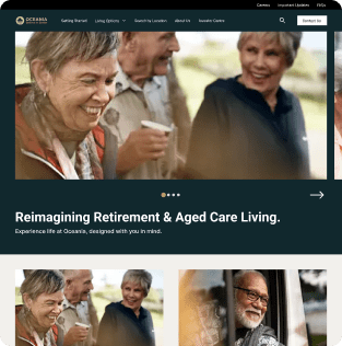 Three seniors smiling and conversing outdoors, representing active retirement and aged care living.