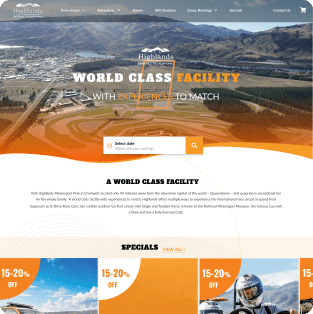 Aerial view of a racing facility in a mountainous area with text highlighting a world-class facility offering experience and specials discounts.